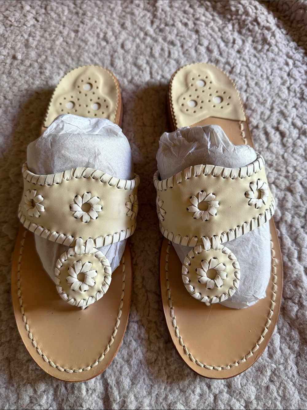 Jack Rogers Cream Leather Floral Thong Sandals